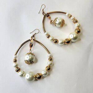 Gold Beads and White Pearl Large Hook Earrings
